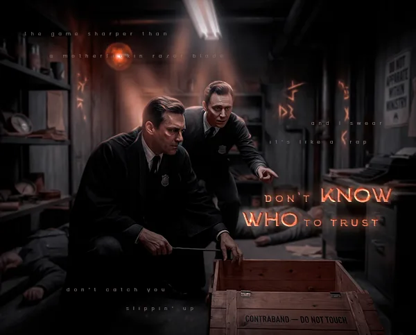 Эпиграф «Don't know who to trust» — двое на складе контрабанды